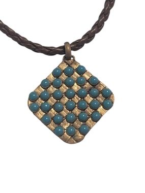 VTG Willow House By Sara Blaine Biji Aqua Bead Grid Brown Braided Adj. Necklace